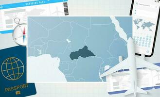 périple à central africain république, illustration avec une carte de central africain république. Contexte avec avion, cellule téléphone, passeport, boussole et des billets. vecteur