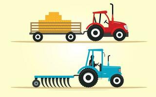 ensemble de deux agricole tracteur illustrations. tracteur porter foins, combiner moissonneuse dans le champ, récolte. un écologiquement amical agricole économie pour entreprise. illustration vecteur