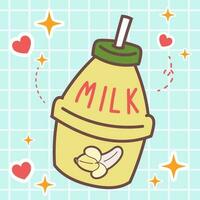 kawaii nourriture dessin animé de banane Lait illustration. vecteur icône de mignonne bouteille boisson Japonais griffonnage style pour enfant produit, autocollant, chemise, fond d'écran, carte