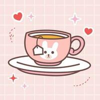 kawaii nourriture dessin animé de tasse de thé vecteur illustration boisson avec mignonne Japonais griffonnage style pour enfant produit, autocollant, chemise avec rose Contexte