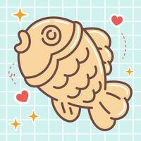 kawaii nourriture dessin animé de taiyaki poisson gâteau vecteur icône de mignonne Japonais griffonnage style pour enfant produit, autocollant, chemise sur bleu Contexte plat illustration