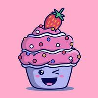 mignonne dessin animé petit gâteau personnage avec fraise. vecteur illustration.
