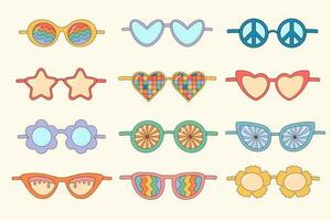 sensationnel hippie des lunettes de soleil ensemble. mignonne rétro psychédélique lunettes. linéaire Couleur vecteur illustration.