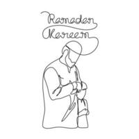 père et le sien fils sont prier le mosquée pendant ramadhan temps dans continu ligne art dessin style. conception avec minimaliste noir linéaire conception isolé sur blanc Contexte. vecteur illustration