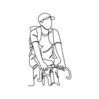 une homme les usages une vélo à aller à travail dans continu ligne art dessin style. conception avec minimaliste noir linéaire conception isolé sur blanc Contexte. sport thèmes vecteur illustration