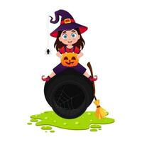 mignonne peu fille dans une sorcière costume avec une citrouille dans sa mains, Halloween vacances vecteur