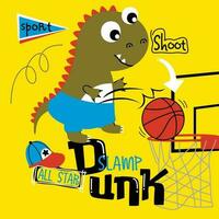 dinosaure en jouant basketball marrant animal dessin animé vecteur