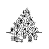 famille tenir dans maison. Noël arbre avec cadeaux, jouet voiture, présente. joyeux Noël et content Nouveau an. Noël décoration pour fête dans ligne rétro ancien style vecteur