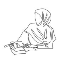 Célibataire femme illustration avec l'écriture activité dans continu ligne art dessin style. conception avec minimaliste noir linéaire conception isolé sur blanc Contexte. vecteur illustration