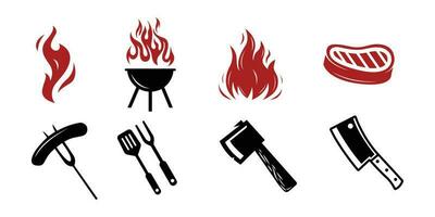 barbecue restaurant - minimaliste logo concept. logo de barbecue, gril et bar avec feu, gril fourchette et spatule. un barbecue logo modèle. grunge texture. vecteur illustration