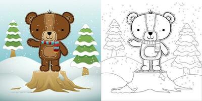 mignonne ours dessin animé permanent sur arbre souche à hiver vecteur