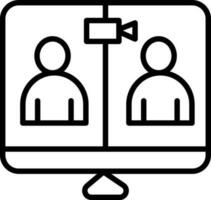 ligne art illustration de Hommes en ligne vidéo bavarder ou conférence dans moniteur écran icône. vecteur