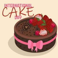 international gâteau jour, Naturel Chocolat gâteau avec des fraises et une arc sur le lumière. le joyeux vacances est célèbre sur juillet 20. vecteur modèle pour typographique affiche, bannière, dépliants, autocollants