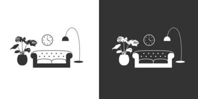 vivant pièce avec canapé, sol lampe et les plantes. noir et blanc Icônes sur noir et blanc Contexte vecteur