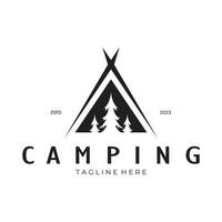 ancien et rétro tente logo, camping. avec tente, arbre et feu signe. aventuriers, éclaireurs, grimpeurs, camping équipement centre vecteur