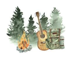 sapin des arbres, feu, guitare, forêt composition. aquarelle carte camping fête main dessiné. vecteur
