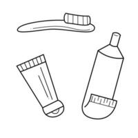 une petit ensemble de une brosse à dents et tubes de crème et dentifrice. griffonnage noir et blanc vecteur illustration.