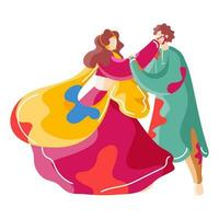 dessin animé couple personnage en mettant couleurs chaque autre dans traditionnel robe. vecteur