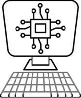 noir ligne art illustration de puce électronique dans ordinateur écran et clavier icône. vecteur