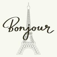 Bonjour. calligraphique les inscriptions, devis, phrases sur le Contexte de le Eiffel la tour. salutation carte, affiche, typographique conception, imprimer. vecteur