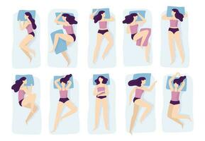 fille en train de dormir pose. divers sommeil pose avec main sur oreiller cas. sommeil position isolé vecteur illustration