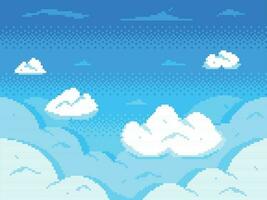 pixel art ciel. des nuages 8 bits ligne d'horizon, rétro vidéo Jeu nuage paysage et nuageux vecteur Contexte