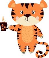 tigre triste bouleversé se tient avec une tasse de café vecteur