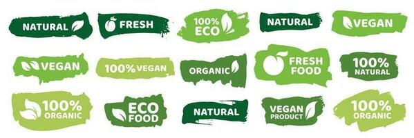 étiquettes d'aliments biologiques. produits éco-végétariens frais, étiquette végétalienne et ensemble de vecteurs de badges d'aliments sains vecteur