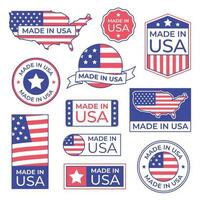 fabriqué dans Etats-Unis étiqueter. américain drapeau fier timbre, fabriqué pour Etats-Unis Étiquettes icône et fabrication dans Amérique stocker isolé vecteur ensemble