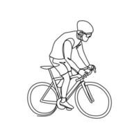 une homme les usages une vélo à aller à travail dans continu ligne art dessin style. conception avec minimaliste noir linéaire conception isolé sur blanc Contexte. sport thèmes vecteur illustration