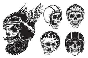 ensemble paquet foncé art crâne cavalier homme visage motards rétro ancien tatouage casque moto Douane illustration vecteur