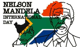 Nelson Mandela international journée. Stock vecteur illustration. contour portrait avec élevé main contre le Contexte de le drapeau et le contour de Sud Afrique. droits, force, la victoire, égalité