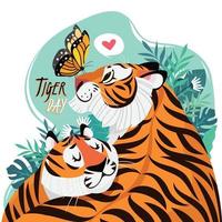 célébrant la journée du tigre avec des tigres et des papillons vecteur