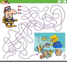 jeu de labyrinthe avec plongeur de dessin animé et poissons tropicaux vecteur