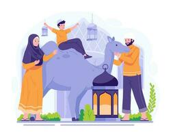 content eid Al adha mubarak salutation. une musulman famille fête eid Al adha avec une chameau. vecteur illustration