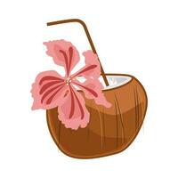 pina colada cocktail dans noix de coco avec tranche de ananas et parapluie, tropical fleurs de plumeria. vecteur illustration dans dessin animé style.