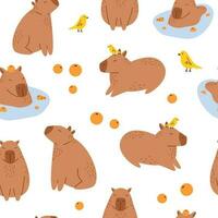 vecteur sans couture modèle avec marrant capibaras. Contexte avec amusant capibaras. mignonne capybaras nager dans l'eau et relaxant avec mandarin des oranges. Sud américain adorable animal modèle.