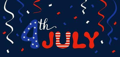 4e de juillet caractères. uni États indépendance journée bannière. modèle foncé bleu Contexte avec confettis et serpentin vecteur