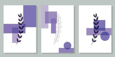 ensemble de minimaliste affiches avec botanique éléments et violet géométrique formes. pour intérieur décoration, impression et conception vecteur