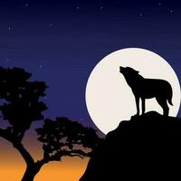 silhouette art illustration de une Loup hurlement à nuit vecteur