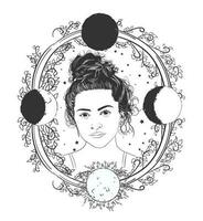 magnifique Jeune femme avec magnifique chignon cheveux et décoratif fleurs regarder vers, entouré par le différent phases de le lune couvert avec le arbre feuilles ligne art détaillé vecteur dessin