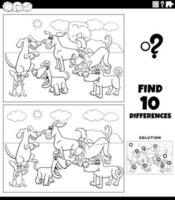 jeu de différences avec la page de coloriage du groupe de chiens de dessin animé vecteur