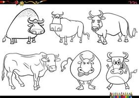 dessin animé taureaux ferme animal personnages ensemble coloration page vecteur
