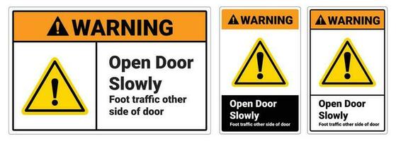sécurité signe avertissement ouvert porte lentement, pied circulation autre côté de porte vecteur