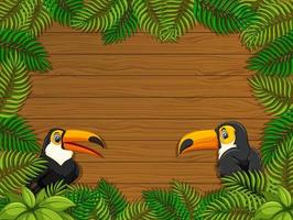 bannière vide avec cadre de feuilles tropicales et personnage de dessin animé toucan vecteur