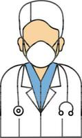 Masculin médecin portant masque icône pêche et blanc couleur. vecteur