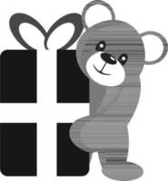 mignonne ours personnage en portant cadeau boîte icône dans noir et blanc couleur. vecteur
