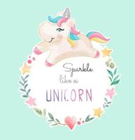 licorne mignonne en illustration de cadre étoile et coeur coloré vecteur