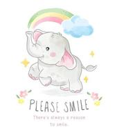 s'il vous plaît sourire slogan avec petit éléphant et illustration arc-en-ciel vecteur