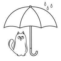chat séance en dessous de un parapluie, pochoir icône, contour dessin coloration, vecteur isolé illustration